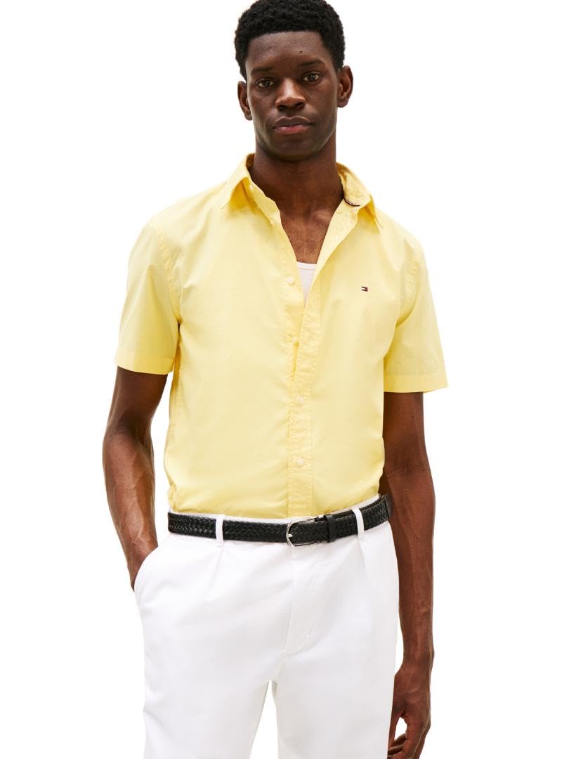 Tommy Hilfiger Men’s Flex Poplin Regular Short Sleeve Shirts, Citronella X-Large