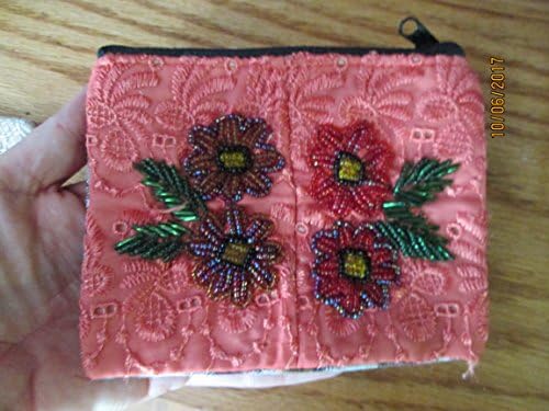 pink coral peach Handmade textile Guatemalan Woven with glass seed beaded flowers Purse travel Wallet Bag Zipper Pouch organizer fair trade Guatemala huipil electronics cosmetics