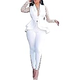 Jianono Women's Deep V Neck Ruffle Blazer Two Piece Outfits Sets Long Sleeve Long Pants Bodycon Business Suit Set