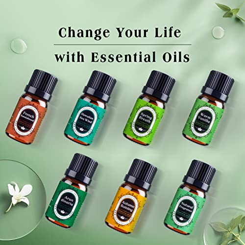 Natural Theme Essential Oils Set - Top 7 Aromatherapy Oils for Diffusers Humidifiers - Fragrance, Massages, Office, Soap Scents, Candle Making, Skin, Hair, Sleep, Calming, Relaxing, Home Care