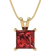 Clara Pucci 14K Yellow Gold Plated Solitaire 16" Box-Chain Necklace - Sterling Silver 2ct Princess Cut Garnet Pendant