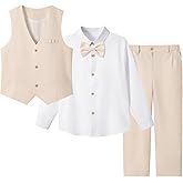 LOLANTA Boys Linen Suit Dress Clothes Kids Graduation Wedding Outfit 4 Piece Shirt Vest Pants Set with Bow Tie