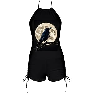 Black Crow on Full Moon Women's Swimsuit, Athletic Bathing Suit, Tummy Control Training Swimwear X-Large