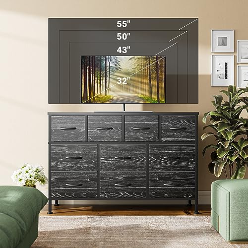Lulive Dresser for Bedroom, 10 Drawer TV Stand with Power Outlet, Entertainment Center Chest of Drawers for 55 Inch Long TV, Wide Fabric Dresser for Storage & Organization (Black Wood Grain)