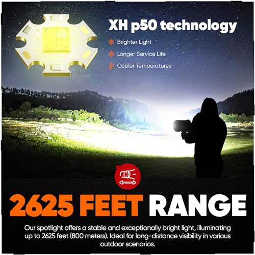 High-Intensity Spot Light - Durable Rechargeable Ultrabright Spotlight Flashlight Handheld Floodlight - Ideal for Outdoor, Emergency, Survival and Home Use. Solar Recharge Enabled, Power Bank Built In