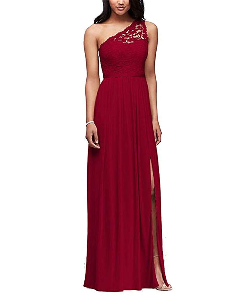 Hatail Women's One Shoulder Bridesmaid Long Split Chiffon Wedding Party Dress 12 Burgundy