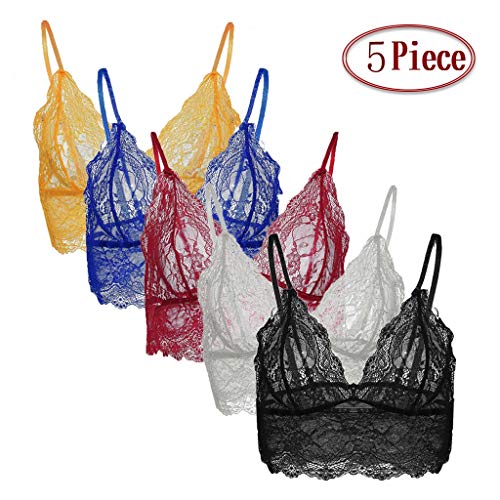 Fanteecy 5 Pieces Women Lace Bra Sexy Bralette Strappy Soft Bustier Lingerie Sexy V-Neck Underwear Tube Top Bra (Yellow Blue Wine White Black, S)