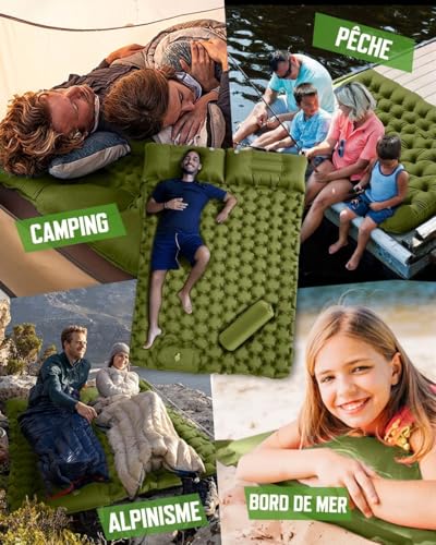 Hingue Matelas Gonflable 2 Personnes Camping, Matelas Camping 2 Personnes Autogonflant avec Pompe à Pied et Oreillers Intégrés, Matelas Trekking Imperméable Compact pour Tente,Randonnée- Vert Armée