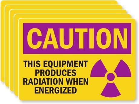 Caution: This Equipment Produces Radiation, Adhesive Signs and Labels, 5 Labels / Pack, 5" x 3.5"