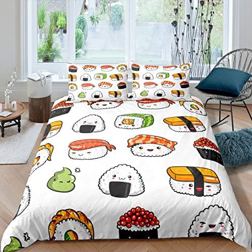 Sushi Sample Bedding Set Japanese-Fashion Comforter Cowl for Children Boys Women Teenagers Meals Theme Quilt Cowl Cute Cartoon Japanese Sushi Bedspread Cowl Room Decor Quilt Cowl Twin Dimension