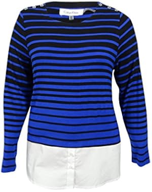 Women's Striped Layered-Look Sweater (XL, Celestial Blue)