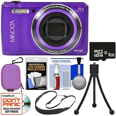 Minolta MN12Z OIS 12x Zoom Wi-Fi Digital Camera (Purple) with 8GB Card + Case + Flex Tripod + Sling Strap + Kit