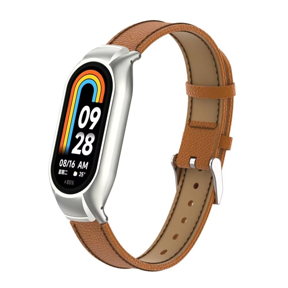 T-BLUER Compatible with Xiaomi Mi Smart Band 8 Strap,Mi Band 8 Leather Replacement Bracelet Band Wristband Accessories with Metal Frame for Xiaomi Smart Band 8 Brown