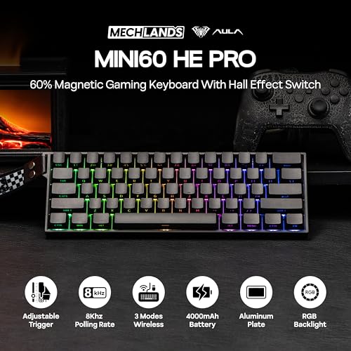 MechLands Aula Mini60 HE PRO Wireless Hall Effect Keyboard, 4000mAh, SOCD & DKS, Magnetic Gaming Keyboard with Fast Trigger, Adjustable Actuation, 8K Polling, RGB Backlit, Sound Dampening (Black)