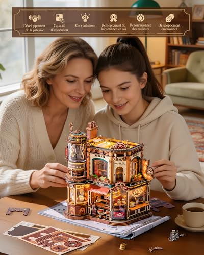 ROBOTIME Wooden 3D Puzzle for Adults to Build - Dream Coffe Factory, Miniature Building Kit with Music, Lights and Animated Scenes, Miniature House/Book Nook Café EAB02