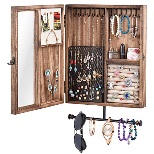 Keebofly Wall Mounted Jewelry Organizer With Rustic Wood Large Space Jewelry Cabinet Holder for Necklaces, Earrings, Bracelets, Ring Holder, and Accessories (Carbonized Black )