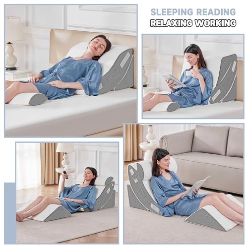 Yojoker 4PCS Orthopedic Bed Wedge Pillow Set for Sleeping - Triangle Adjustable Foam Pillow for Leg Knee Body Back Pain Relief Acid Reflux Anti-Snoring Post Surgery Recovery Sitting Up Reading