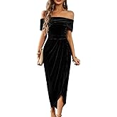 Off The Shoulder Vintage Velvet Bodycon Midi Dress for Women Wrap Slit Elegant Cocktail Party Evening Pencil Dress
