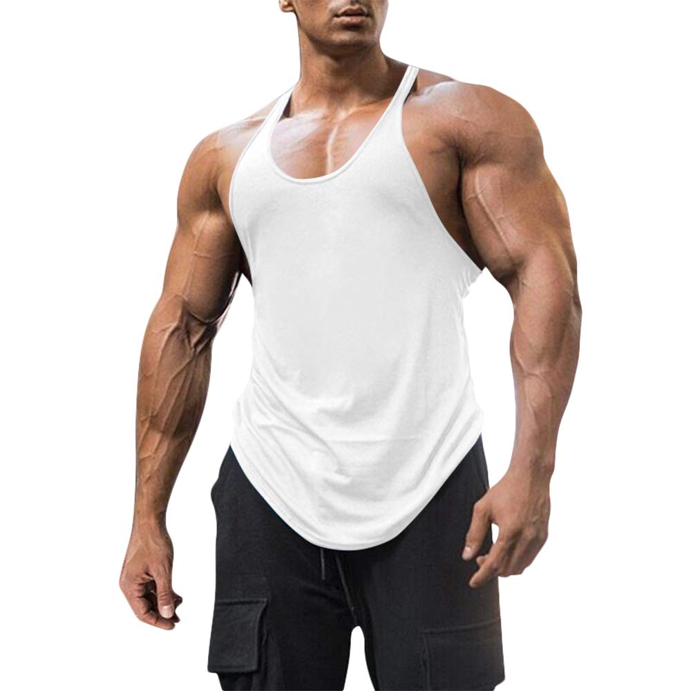 Photo 1 of Men's Cotton Workout Tank Tops Dry Fit Gym Bodybuilding Training Fitness Sleeveless Muscle T Shirts (White, X-Large)