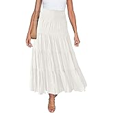 HAEOF Women's Summer Flowy Boho Maxi Skirt Trendy Smocked Waist Ruffle Tiered A Line Casual Beach Long Skirts Midi Dress