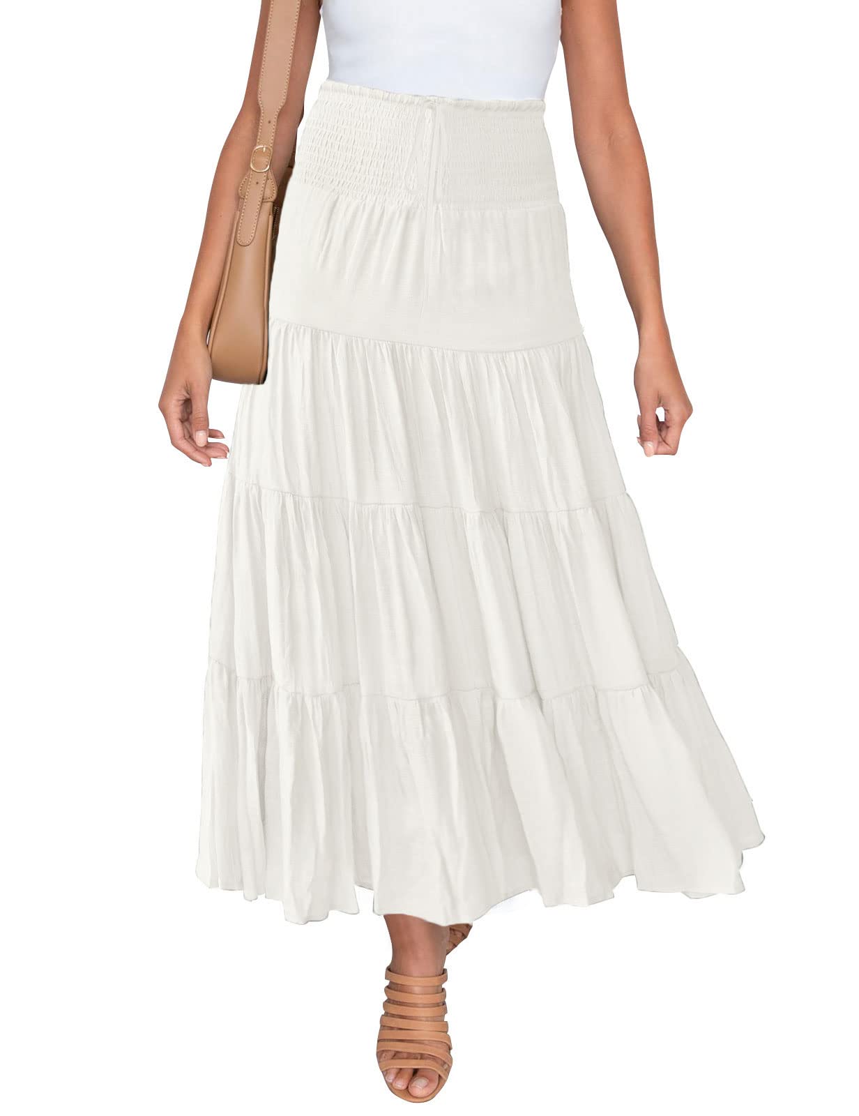 Photo 1 of HAEOF Women's Summer Elastic High Waist Boho Maxi Skirt Casual Drawstring A Line Long Skirt(White, XS)