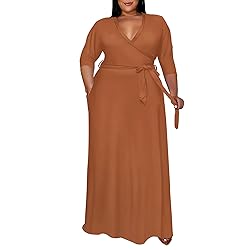 Runwind Plus Size Dress for Women 3/4 Sleeve V Neck