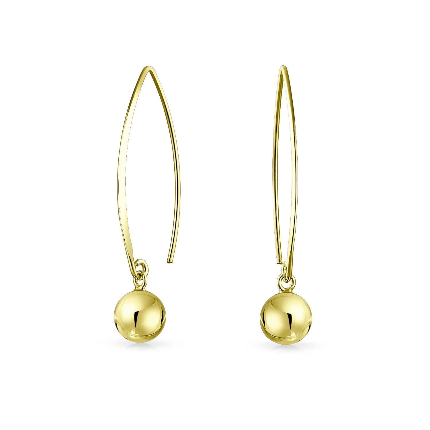 Minimalist Geometric Linear Long Thin Ear Wire Threader Ball Drop Earrings For Women Teen Yellow Gold Plated .925 Sterling Silver 8MM Bead