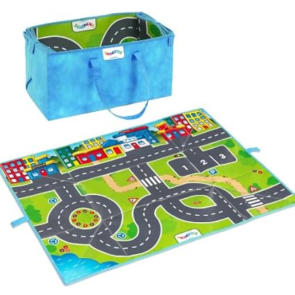 Viking Play Mat- Fun Road Design- 38.5 inches x 35 inches- Folds into Storage Tote Box- Two 5 inch Cars Included