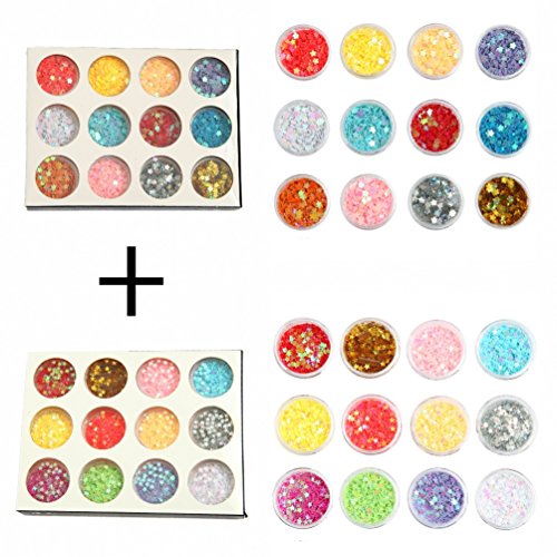 DIY 12 Colors 2 Sets 24 Jars of Flower & Star Iridescent Glitter Sequins Spangle for Nail Art Tip Deco Crafts Project