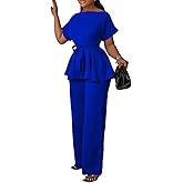 Women's 2 Piece Outfits Suit Set Short Sleeve Peplum Top Flared Pants Sets Business Pantsuits