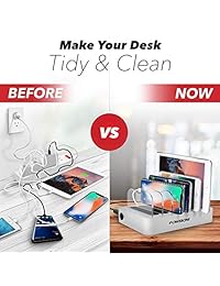 Poweroni   Base de carga USB de 6 puertos, estación de carga rápida para varios dispositivos, organizador de cargador multidispositivo, compatible con Apple iPad iPhone y Android, teléfono móvil y tableta