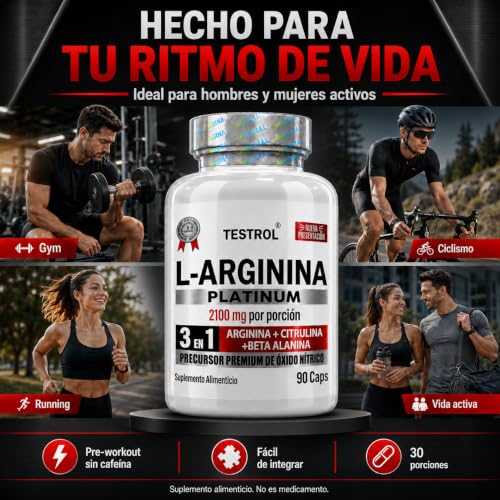 Arginina Platinum 2100mg por porción | L Arginina + L Citrulina + Beta Alanina | Pre Workout | Pre Entreno sin Cafeina | Precursor de Oxido Nítrico | Testrol TSN (90 Cápsulas).