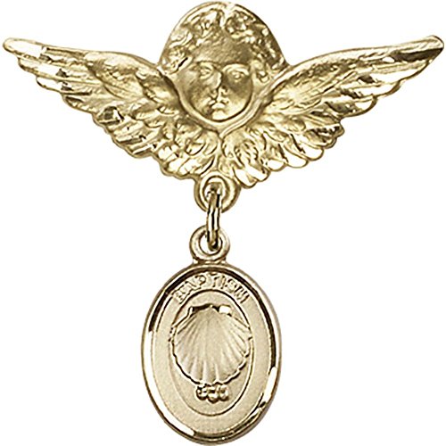 14kt Yellow Gold Baby Badge with Baptism Charm and Angel w/Wings Badge Pin 1 1/8 X 1 1/8 inches