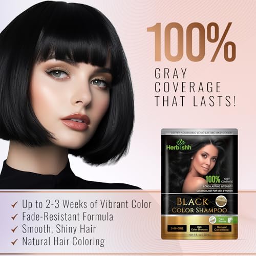 Herbishh Hair Color Shampoo For Gray Hair– Hair Dye Shampoo With Argan Hair Mask–Travel Size-Colors Hair In Minutes–Long Lasting Colour–10Pack+1Pack–Ammonia-Free (Black)