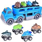 FunLittleToy Friction Powered Car Carrier Truck Toy for Kids with Lights and Sounds, Includes 4 Pull Back Dinosaur Cars