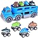FunLittleToy Friction Powered Car Carrier Truck Toy for Kids with Lights and Sounds, Includes 4 Pull Back Dinosaur Cars