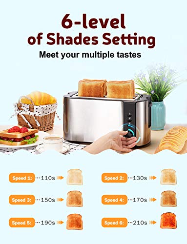 HoLife 4 Slice Long Slot Toaster Best Rated Prime, Stainless Steel Bread Toasters with Warming Rack, 6 Bread Shade Settings, Defrost/Reheat/Cancel Function, Extra Wide Slots, Removable Crumb Tray