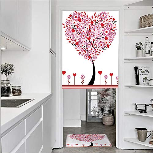 3D Printed Linen Textured French 1 Panel Door Curtains and 1pcs Doormat Kitchen Mat Rug,Wildflowers Red Leaves Forest Romance SeasonSingle Panel door curtain 27.6"w by 43.3"h + 1 PCS Doormat 19.7"h by