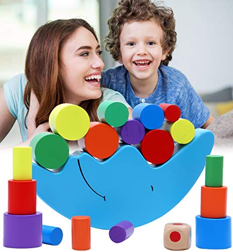 Vigeiya Wooden Stacking Game Moon Balance Building Blocks with Storage Bag Early Educational Sorting Toy for Kids