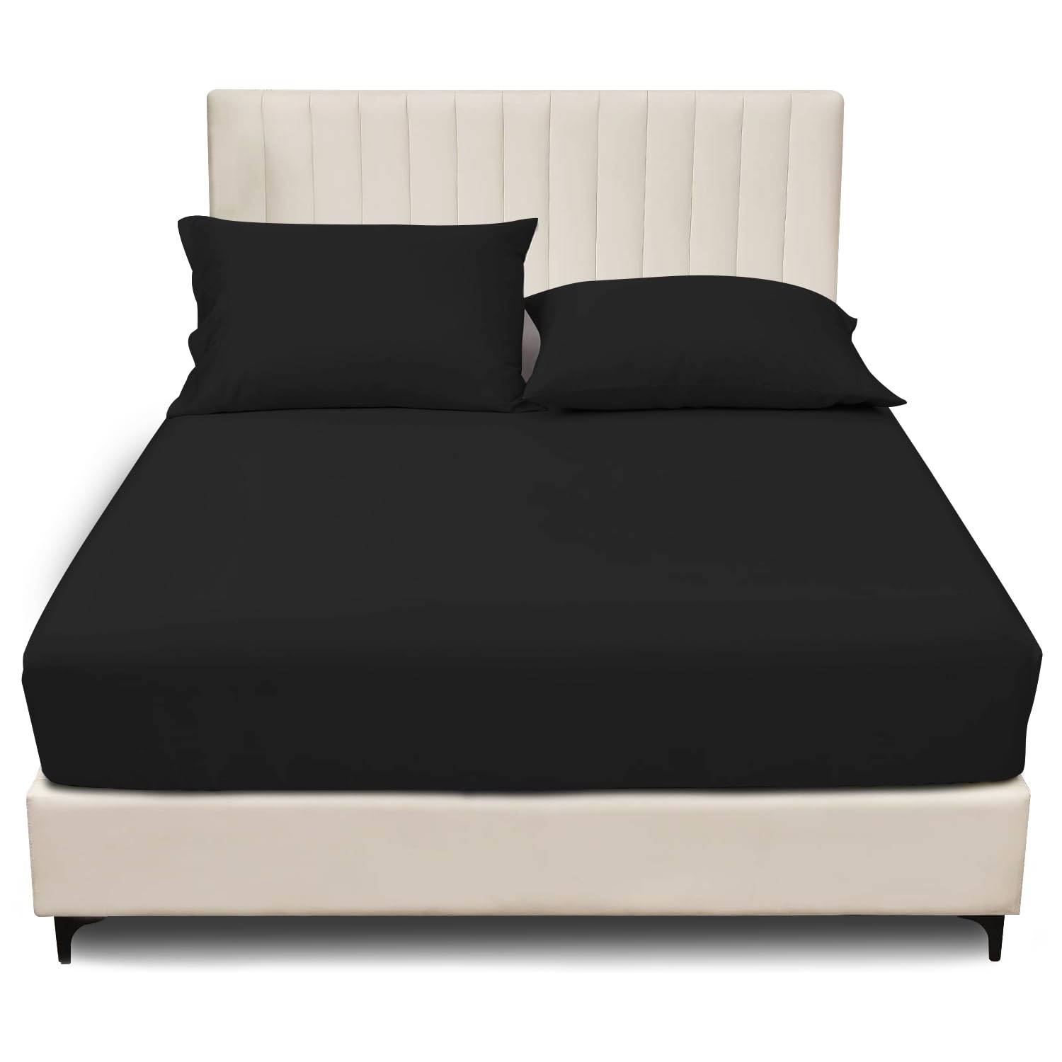 Polycotton Double Fitted Sheet (135x190 cm) - Plain Bedding Bedsheets For Double Bed 25cm Deep - Anti Allergic Elastic Corner Bedsheet & Mattress Sheet - Black