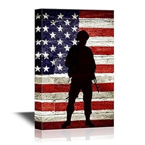 Military Family Soldier with Gun on American Flag Background