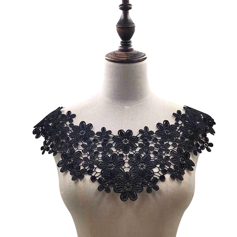 Embroidered Flower Lace Collar Applique, Embroidery Lace Trim Crochet Lace Patch Lace Motif Applique Patches Tipped Collar for Sewing Craft Costume Wedding Dress Wedding Dress Decoration, Black