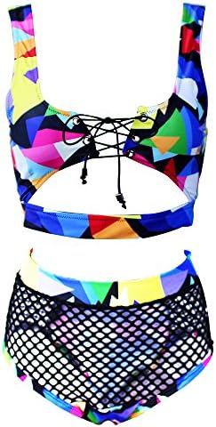 HAIMEILAIKE Women Two Piece Lace up African Bikini High Waist Mesh Swimsuit Set Bandage Printed Bathing Suit