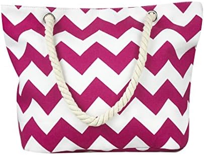 Women's Zippered Shopping Stripes Tote Bag Canvas Beach Bag with Rope Handles Rose Red