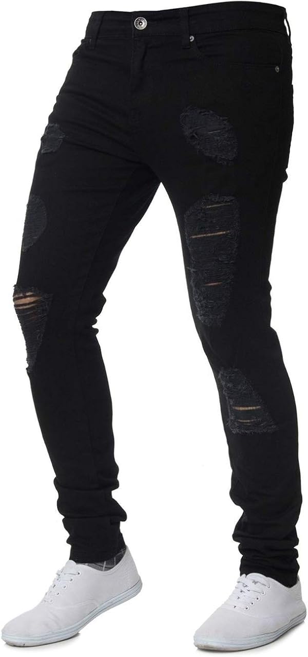 ZAXARRA Men's Stretchy Ripped Skinny Biker Jeans Slim Fit Denim Pants Destroyed Hole