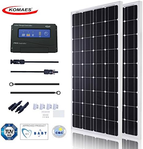 KOMAES 200 Watts 12Volts Monocrystalline Solar Panel With Energy-efficient Tech Kit Includes 20Amp PWM Solar Charge Controller, 20ft Tray Cable, 20ft MC4 Cable, Branch Connector, Mounting Z Brackets