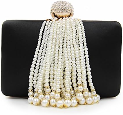 Women Evening Bag Pearl Beaded Tassels Handbag Clutch Purse for Cocktail Wedding Black