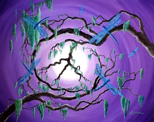 Bayou Peace Tree with Blue Dragonflies and Spanish Moss Zen Iverson Original Painting on Canvas