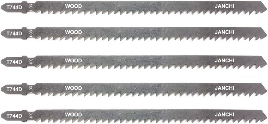 5 pc T744D 7 In. 6 TPI JigSaw Blades, High Carbon Steel Speed for Wood T-Shank Contractor Jig Saw Blades Set