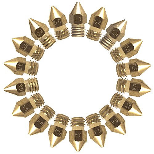 18 Pcs MK8 Extruder Nozzle M6 3D Printer Extruder Brass Nozzle Print Head with 7 Different Sizes (0.2mm, 0.3mm, 0.4mm, 0.5mm, 0.6mm, 0.8mm, 1.0mm ) for 1.75MM MK8 Makerbot, Anet A8 and CR-10 Printer